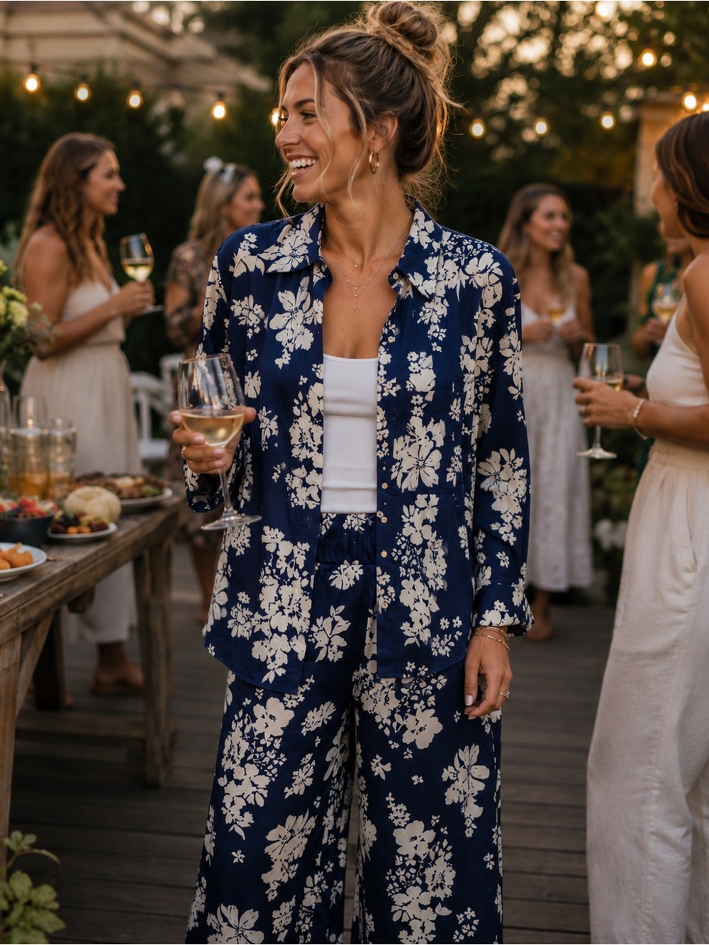 Navy Floral Satin Like Button-Up Shirt and Pant Set